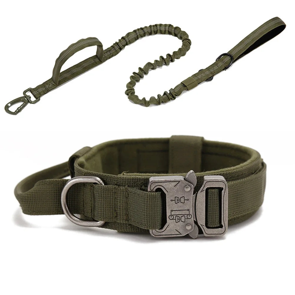 Tactical Nylon Dog Collar & Shock-Absorbing Bungee Leash Set