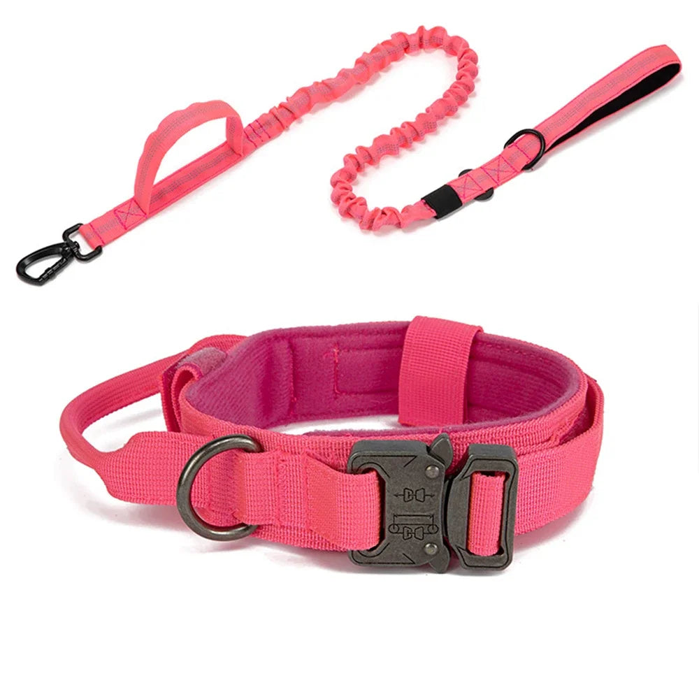 Tactical Nylon Dog Collar & Shock-Absorbing Bungee Leash Set